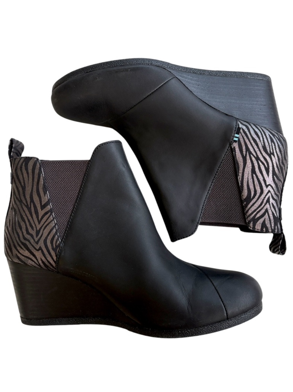 EUC Toms Leather Kelsey Zebra Wedge Boots Black Silver Size 9.5